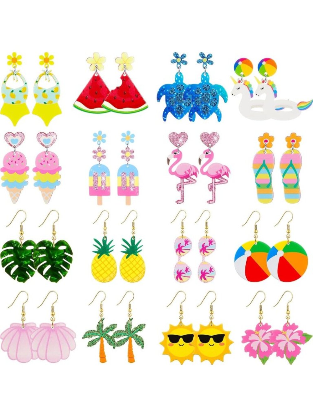 16 Pairs Colorful Acrylic Summer Earrings for Women - Ocean-Inspired Jewelry